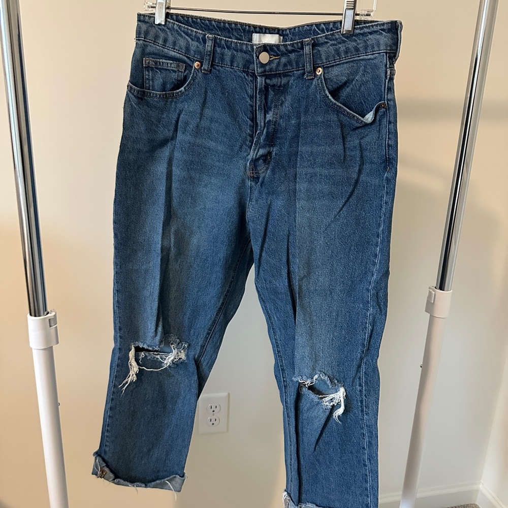 H&M Women's Dark Blue Ripped Wide Leg Jeans
